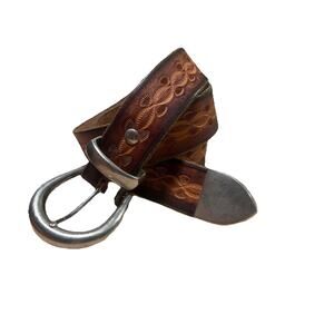 Vintage Western Hand Tooled Leather Belt w/ 3 Pc Belt Buckle Set SZ 44